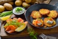 Potato pancakes with quark and salmon Royalty Free Stock Photo