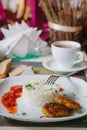 Potato pancakes with rice and tomato sauce Royalty Free Stock Photo