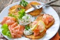 Potato pancakes with salmon Royalty Free Stock Photo