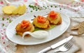 Potato pancakes with salmon on the white plate. Royalty Free Stock Photo