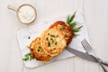 Potato pancakes stuffed with chopped salmon meat