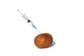 Potato pricked with a syringe on a white isolated background.