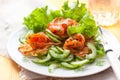 Potato rosti with smoked salmon and cucumber salad Royalty Free Stock Photo