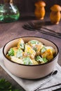 Potato salad in a peel with parsley and mayonnaise in a bowl on the table vertical view Royalty Free Stock Photo