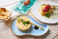 Potato salad Steak tartare and Anchovies Tapas Royalty Free Stock Photo