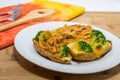 Potato Skins appetizer with broccoli, cheddar cheese and fried onions Royalty Free Stock Photo