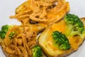 Potato Skins appetizer closeup with broccoli, cheddar cheese and fried onions Royalty Free Stock Photo