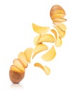 Potato slices turn into chips. Conceptual image on white Royalty Free Stock Photo