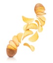 Potato slices turn into chips. Conceptual image on white