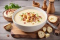 Potato Soup with Bacon, Croutons On A Table, French Vichyssoise Soup