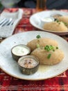 Potato stuffed dumplings servering in the plate Royalty Free Stock Photo