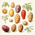 Potato tubers of different species and green stems on light background Royalty Free Stock Photo