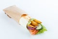 Tasty lavash rolls with potato and vegetables, isolated on white. menu photo Royalty Free Stock Photo