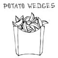 Potato Wedges in Paper Box. Fried Potato Fast Food in a Package. Realistic Hand Drawn Doodle Style Sketch. Vector