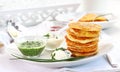 Potatoe pancakes with three dips Royalty Free Stock Photo