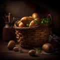 Potatoes In Antique Basket On Wooden Table And Dark Background - Generative AI