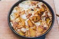 Potatoes baked with meat in the oven. Delicious dinner recipe. Potato pudding. Baked potato. Beef casserole. Potato gratin.Baked Royalty Free Stock Photo