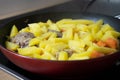 Potatoes, carrots and chicken were baked in a black pan