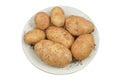 Potatoes in a ceramic dish isolated on white background. Harvesting and organic gardening. Country life. Top view.