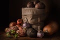 Potatoes in a cloth bag and other vegetables Royalty Free Stock Photo