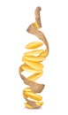 Potatoes cut into pieces with the peel in a spiral in the air on Royalty Free Stock Photo