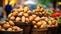 Potatoes are displayed in baskets at a market, AI Royalty Free Stock Photo