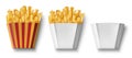 Potatoes French fries in paper box, isolated. Realistic Package Box with fry french potato and empty. Fast food banner