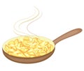 Potatoes fry in a hot frying pan. Vegetables are cut into strips. Fast, tasty and nutritious food. Vector illustration
