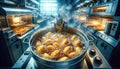 Potatoes frying in a commercial kitchen