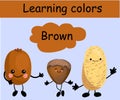 Potatoes, kiwi and walnut. Learn colors. Brown color. Vegetables. Cute character with hands and face. Card for teaching