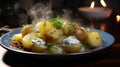 Potatoes with melted cheese and sour cream and dill close-up in a plate