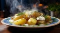 Potatoes with melted cheese and sour cream and dill close-up in a plate