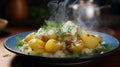 Potatoes with melted cheese and sour cream and dill close-up in a plate