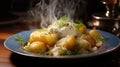 Potatoes with melted cheese and sour cream and dill close-up in a plate