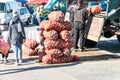 Minsk. Belarus.10.10.2021. Potatoes in mesh bags for sale at the farmers' market.