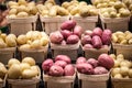 White, yellow and red potatoes on a Canadian market in Montreal, Quebec. Royalty Free Stock Photo