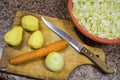 Potatoes, onions, carrots and kaput on the Board. Royalty Free Stock Photo