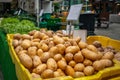 Potatoes pile at an open air farmers market stall Royalty Free Stock Photo