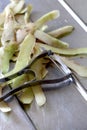 Potato skins and a potato peeler Royalty Free Stock Photo