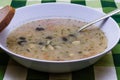 Potatoes soup with mushrooms in white plate