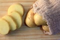 Potatoes sticking out of sack on wooden table, sliced potatoes on the side