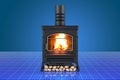 Potbelly stove, wood burner stove on digital, futuristic backdrop, 3D rendering