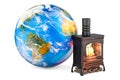 Potbelly stove, wood burner stove with Earth Globe, 3D rendering