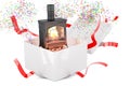 Potbelly stove, wood burner stove inside gift box, 3D rendering