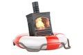 Potbelly stove, wood burner stove inside lifebelt, 3D rendering