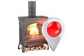 Potbelly stove, wood burner stove with map pointer, 3D rendering