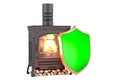 Potbelly stove, wood burner stove with shield, 3D rendering