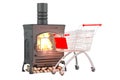 Potbelly stove, wood burner stove with shopping cart, 3D rendering