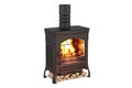 Potbelly stove, wood burner stove with chimney pipe and firewood burning, 3D rendering Royalty Free Stock Photo