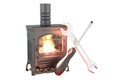 Potbelly stove, wood burner stove with chimney pipe and firewood burning, 3D rendering Royalty Free Stock Photo